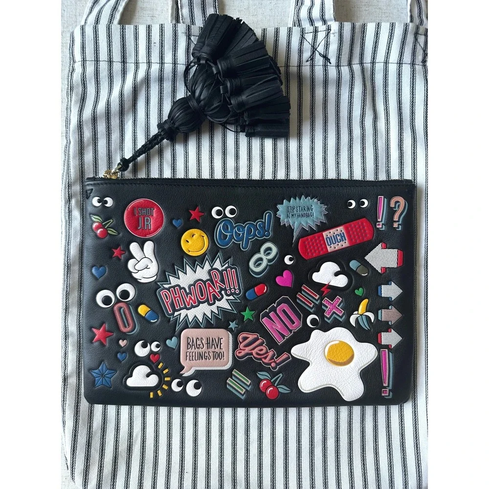 Anya Hindmarch Georgiana All Over Wink Sticker Clutch Bag with Tassel